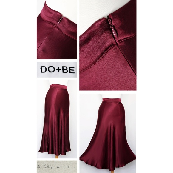 Wine Silky Satin Bias Cut Flowy Drape Midi Skirt - Picture 6 of 8